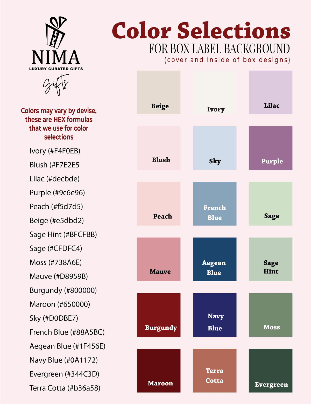 A color selection chart for box label backgrounds by NIMA Luxury Curated Gifts. The chart displays a grid of 15 colored squares with labels including Beige, Ivory, Lilac, Blush, Sky, Purple, Peach, French Blue, Sage, Mauve, Aegean Blue, Sage Hint, Burgundy, Navy Blue, Moss, Maroon, Terra Cotta, and Evergreen, along with their corresponding HEX codes.