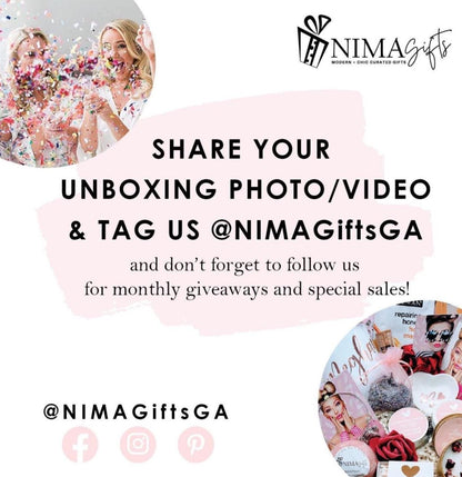 A pink graphic with the text "NIMA gifts" and "Modern + Chic Curated Gifts". The image also includes the text "We Are Social" and the Instagram handle "@NIMAGiftsGA". Social media icons for Facebook, Instagram, and Pinterest are also present.