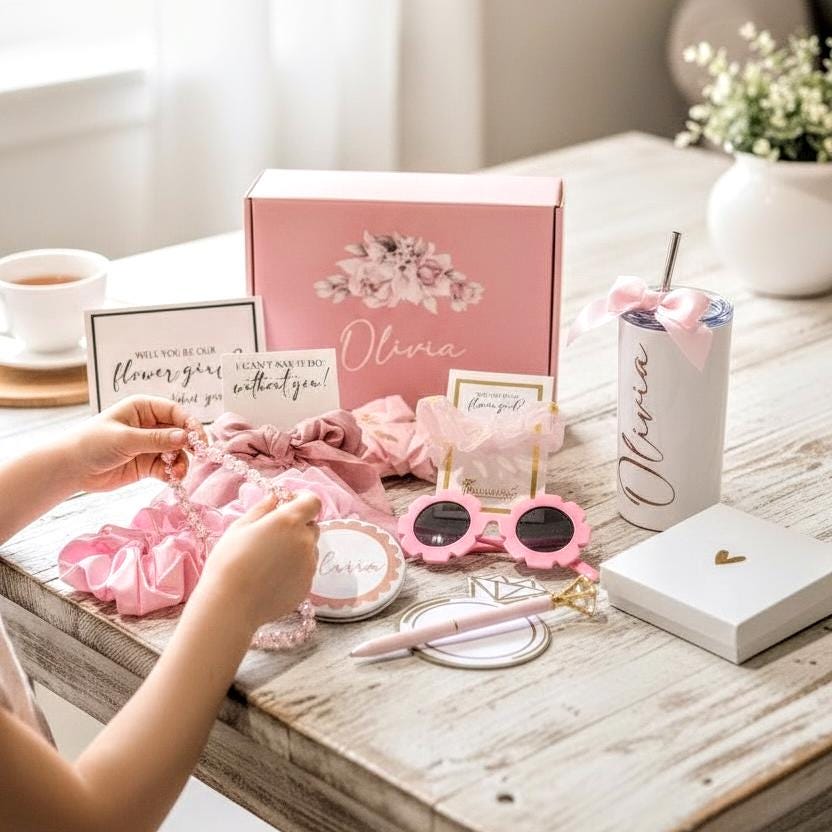 Flower Girl Proposal Gift Box | Personalized Set with Tumbler, Sunglasses & Bracelet | NIMA Gifts — FGGB004