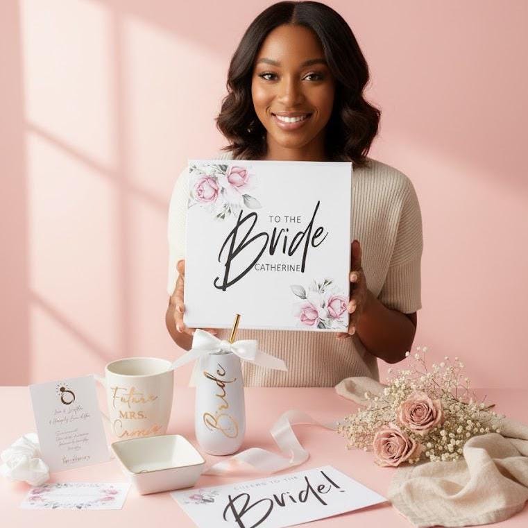 contents of the Personalized Bride to Be Engagement Gift Box that includes a  personalized coffee mug, personalized bride champagne tumbler with a gold metal straw and personalized satin bow, personalized ring dish, a white satin hair scrunchie and a white foam rose. A greeting card to make your wishes and ask packed in a white magnetic keepsake gift box personalized just for her.