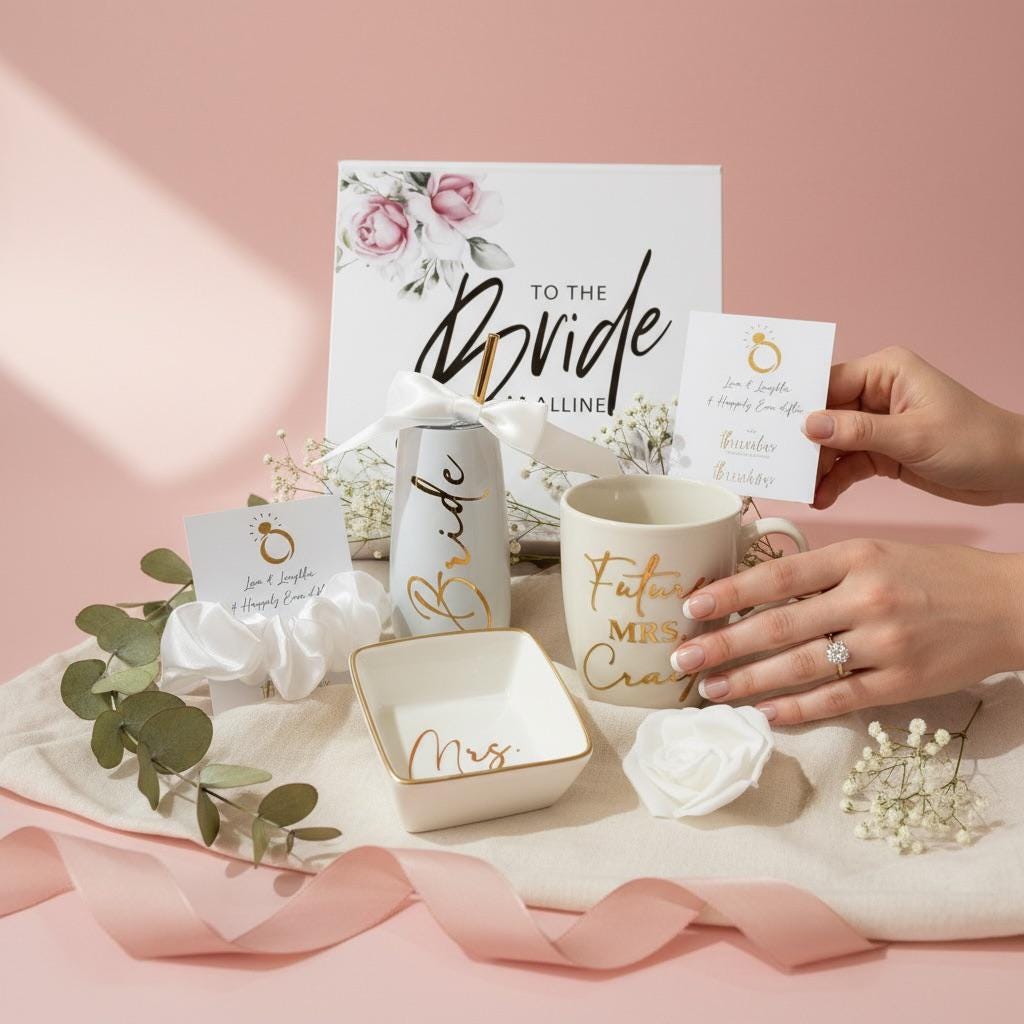 A bride to be is sitting and looking at an open box of the bride engagement gift box that contains a personalized coffee cup with Future Mrs and her last name on it, a white "Bride" 6oz tumbler with a gold straw and white bow, a white ring dish with gold trim and the word "Mrs" on it, a white hair satin hair scrunchie and a white rose. All packaged in a "keepsake" personalized with her first name magnetic gift box. Great gift for an engagement party.