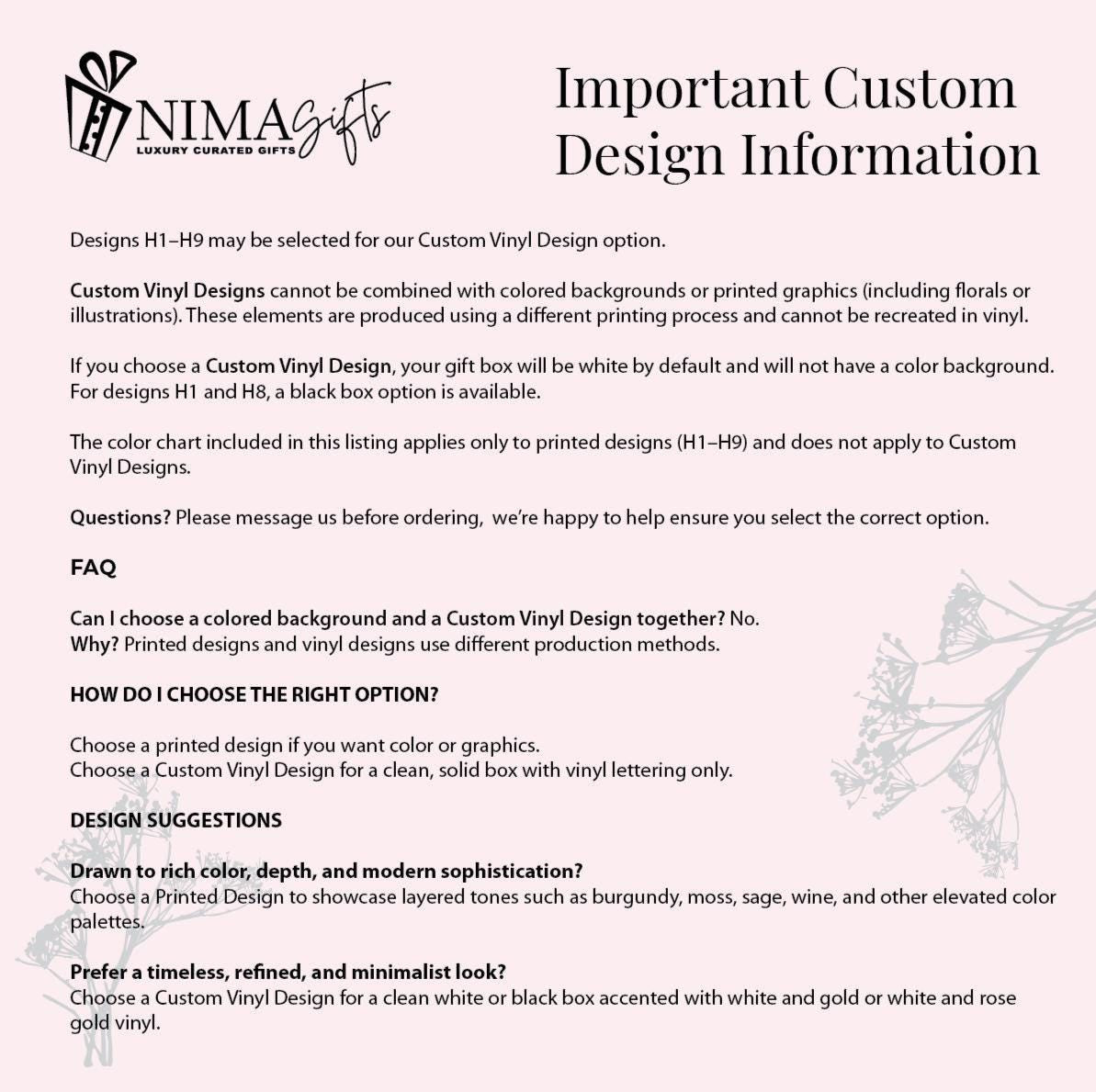 An informational graphic titled Important Custom Design Information from NIMA Gifts. The text outlines selection guidelines for custom vinyl designs versus printed designs, explaining production differences, color options, and FAQ.