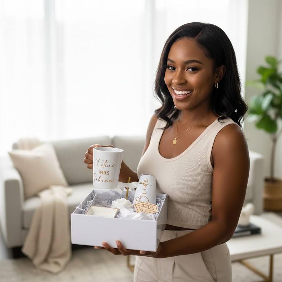 This Personalized Bride to Be Engagement Gift Box is filled with a  personalized coffee mug, personalized bride champagne tumbler with a gold metal straw and personalized satin bow, personalized ring dish, a white satin hair scrunchie and a white foam rose. A greeting card to make your wishes and ask packed in a white magnetic keepsake gift box personalized just for her.