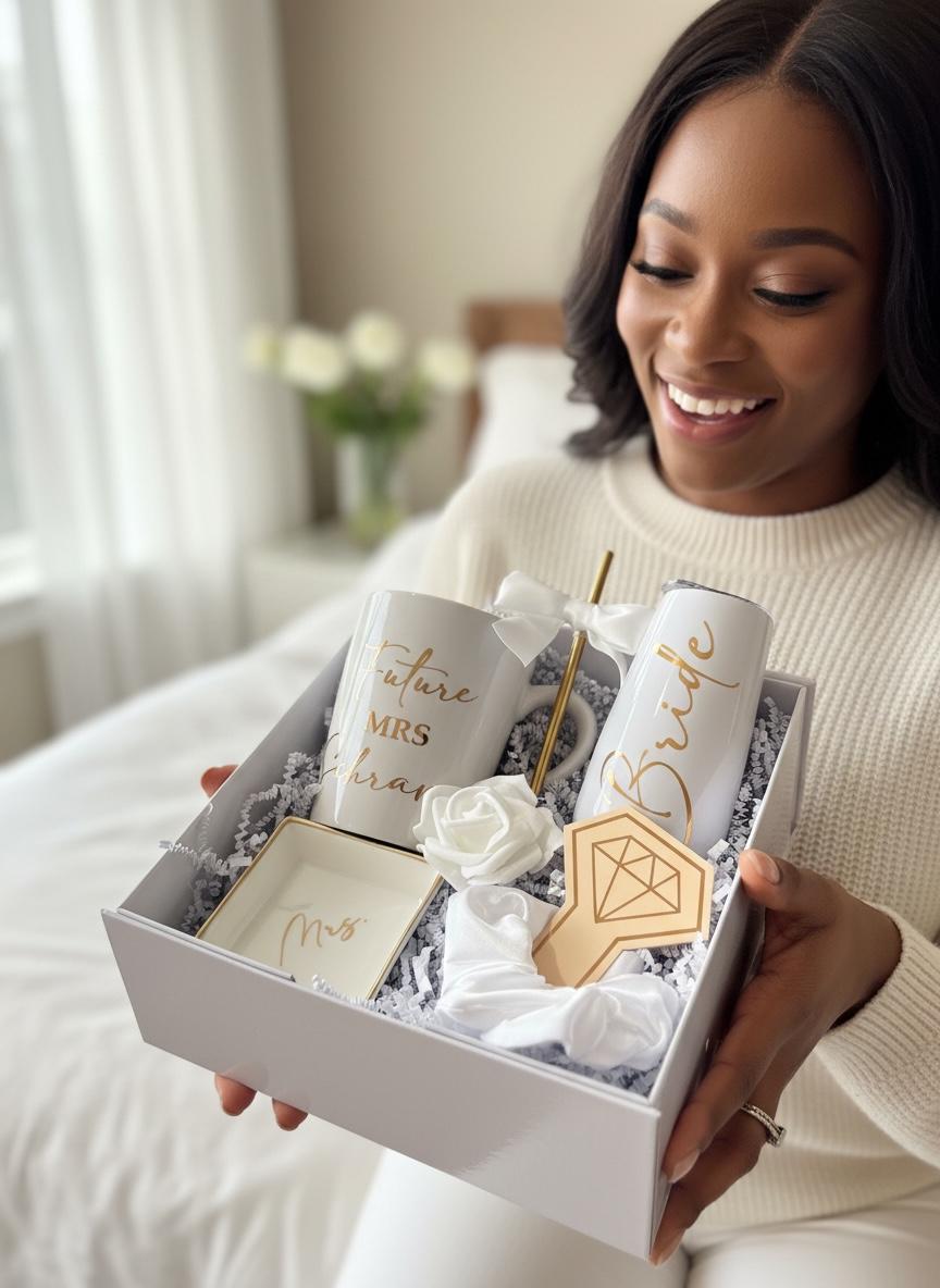 This Personalized Bride to Be Engagement Gift Box is filled with a  personalized coffee mug, personalized bride champagne tumbler with a gold metal straw and personalized satin bow, personalized ring dish, a white satin hair scrunchie and a white foam rose. A greeting card to make your wishes and ask packed in a white magnetic keepsake gift box personalized just for her.