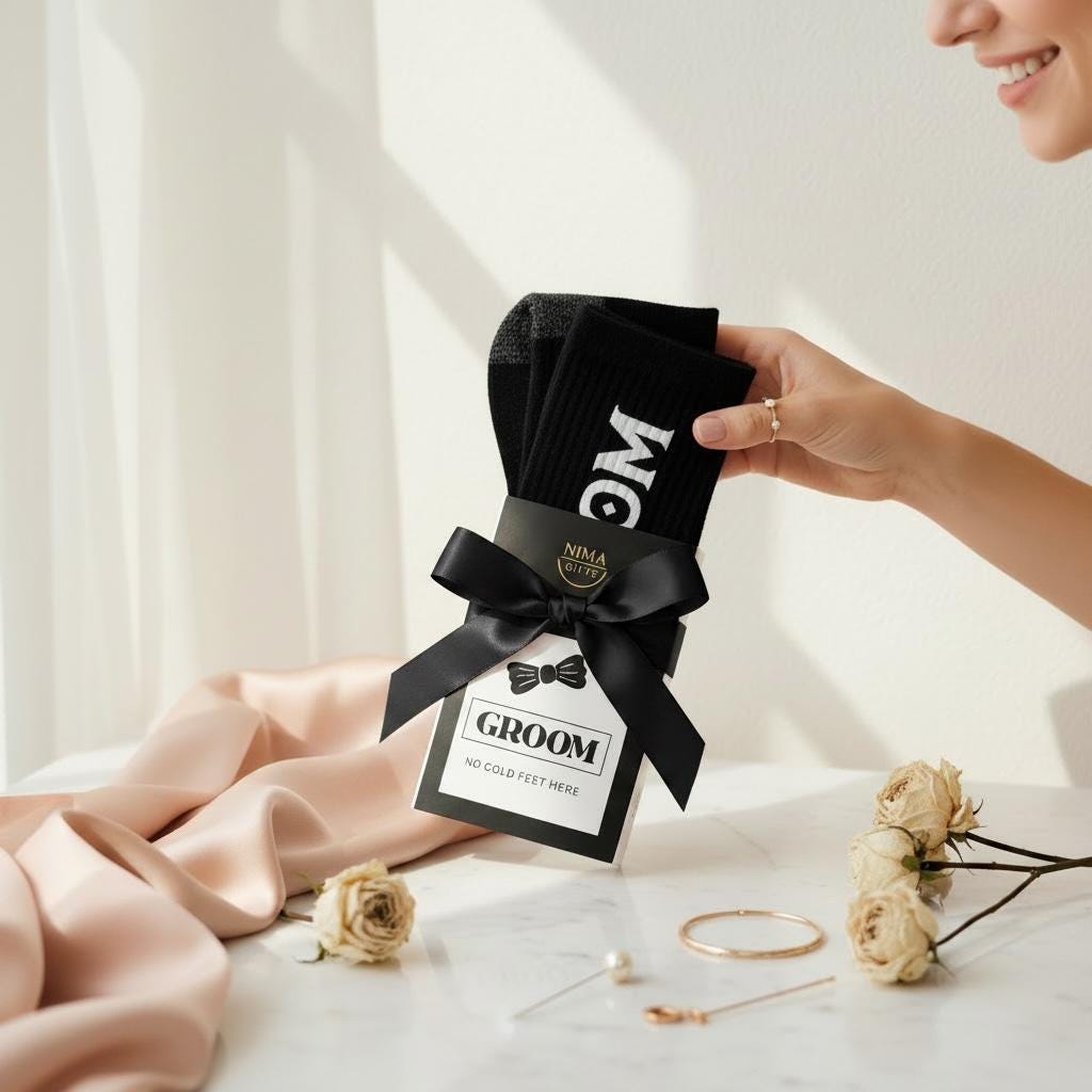 socks that are included in the bride to groom gift box with the word “Groom” on them, packaged with a black bow and have an option to have grooms initials.