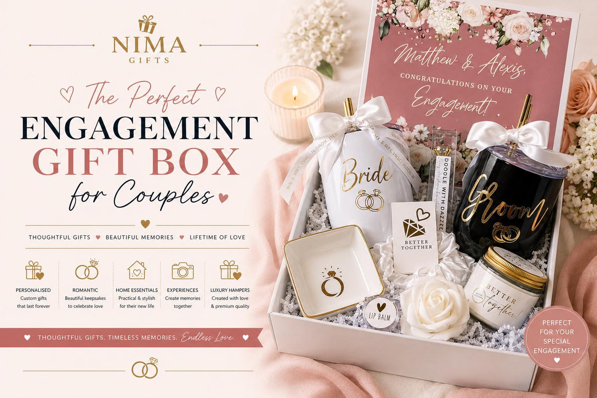 Luxury personalized engagement gift box for couples with custom Bride and Groom tumblers, ring dish, soy candle, lip balm, engagement card, keepsake accessories, and elegant white gift box—thoughtful engagement gift for newly engaged couples.