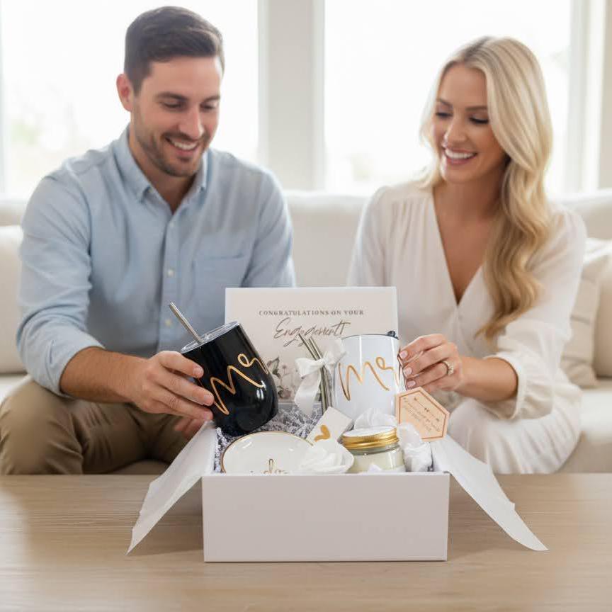 Engagement Gift for Couple, Personalized Engagement Gift Box, Mr and Mrs Gift Set, Custom Gift for Her and Him - EGFC03T
