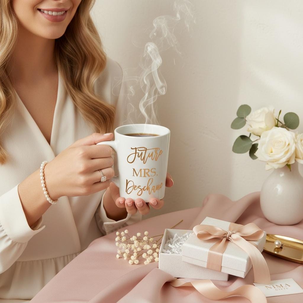 The bride-to-be is holding a white porcelain mug, filled with coffee or steam is coming from the top and the letters in the front to say future Mrs. and her future last name
