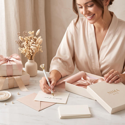 bright to be sitting at a table, arriving notes in a white paper, holding a white pen with large diamond at the top and gold trim, which is a part of the package.