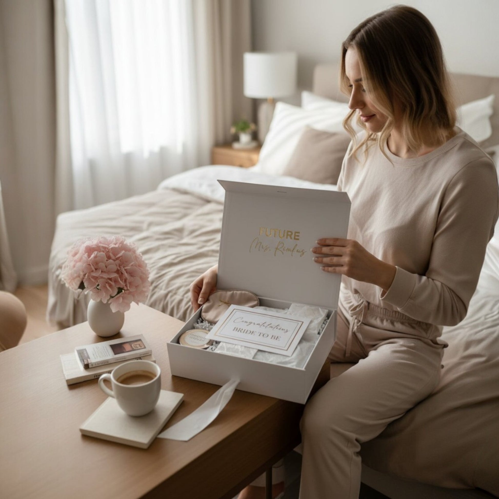 Woman opening a gift box in a cozy bedroom with a cup of coffee and flowers.