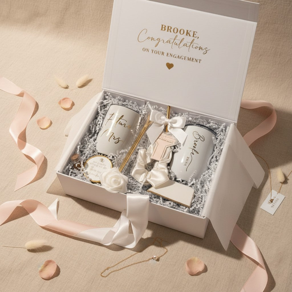 NIMA Gifts white keepsake box with gold text "Brooke, Congratulations on Your Engagement" and bridal items inside.