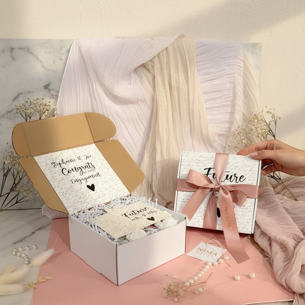Personalized Mr. & Mrs. campfire mug engagement gift set with a black speckled mug for 'Mr.' and a white speckled mug for 'Mrs.' with couples future last names on the mugs with candle and matches. card and pink ribbon.