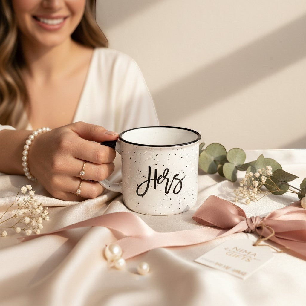Woman is holding a white speckled campfire mug with black rim and word "Hers" on the mug which is a part of a Personalized Mr. & Mrs. campfire mug engagement gift set with a black speckled mug for 'Mr.' and a white speckled mug for 'Mrs.' with couples future last names on the mugs with candle and matches.