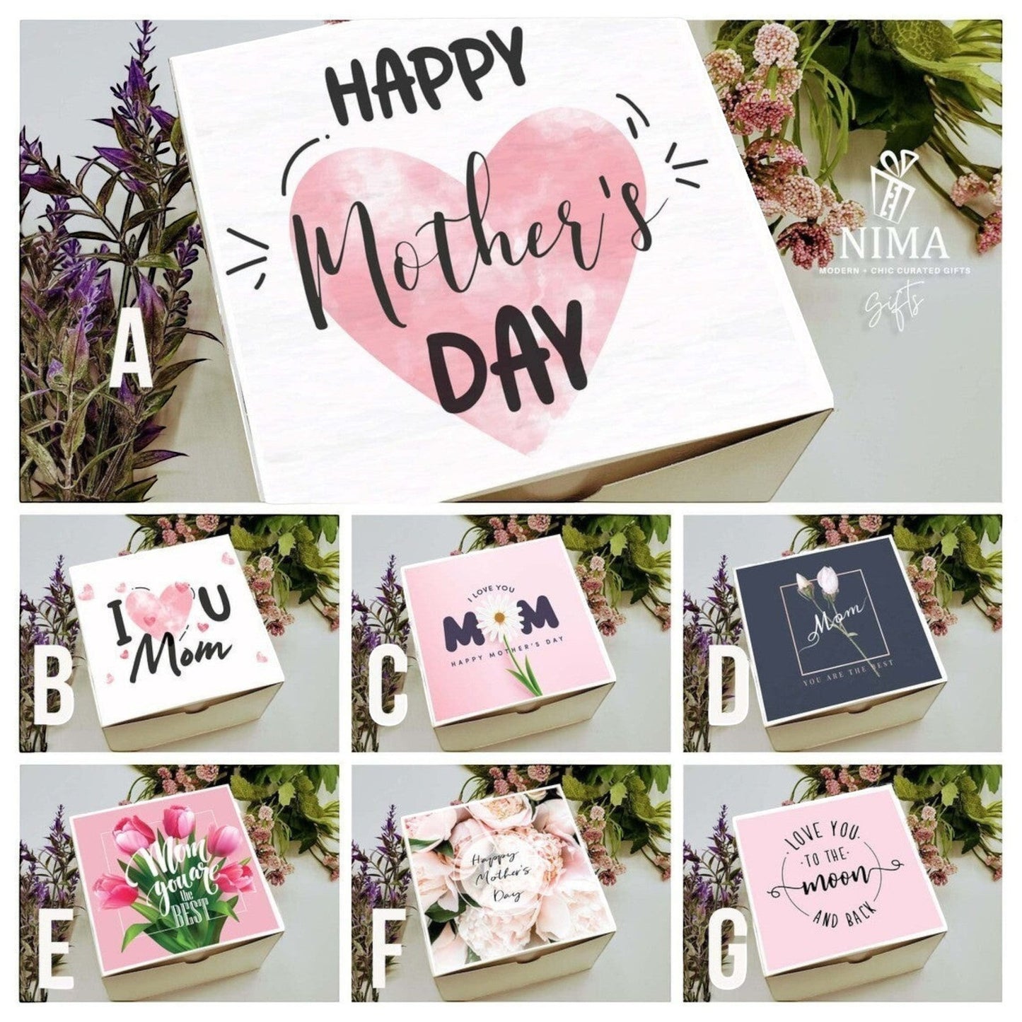 NIMA Gifts Mother's Day gift box with various lid designs: 'Happy Mother's Day' heart, 'I Love You Mom', 'I Love You Mom' daisy, 'Mom You Are The Best' tulips, 'Happy Mother's Day' floral, and 'Love You To The Moon'.