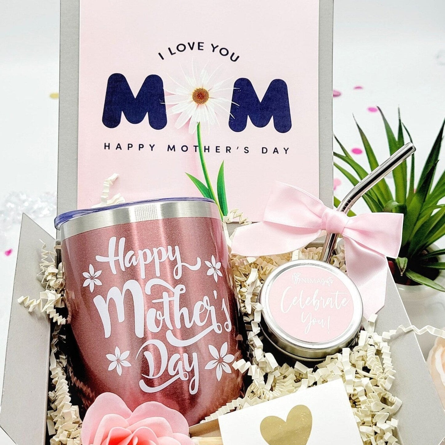 NIMA Gifts rose gold wine tumbler with 'Happy Mother's Day' text, soy candle, soap rose, and card in a gift box.