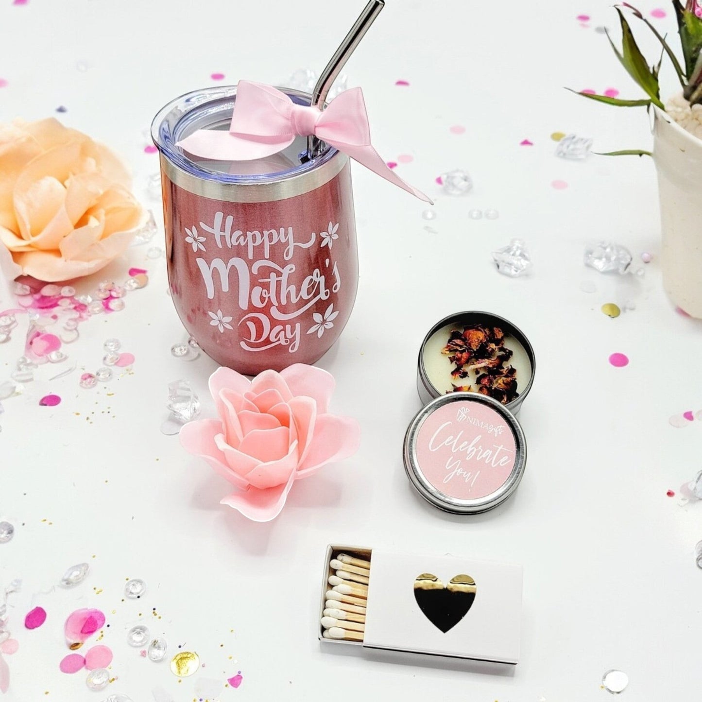 personalized NIMA Gifts rose gold wine tumbler with 'Happy Mother's Day' text, soy candle, soap rose, and card in a gift box.MDGB006