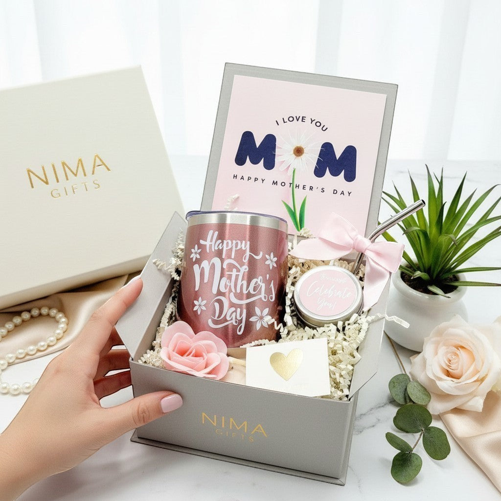 Mother's Day spa gift box with rose gold tumbler, soy candle, soap rose, and card gift for mom
