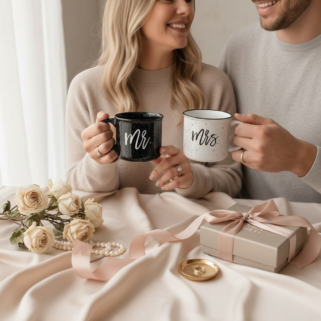 Personalized Mr. & Mrs. campfire mug engagement gift set with a black speckled mug for 'Mr.' and a white speckled mug for 'Mrs.' with couples future last names on the mugs with candle and matches.