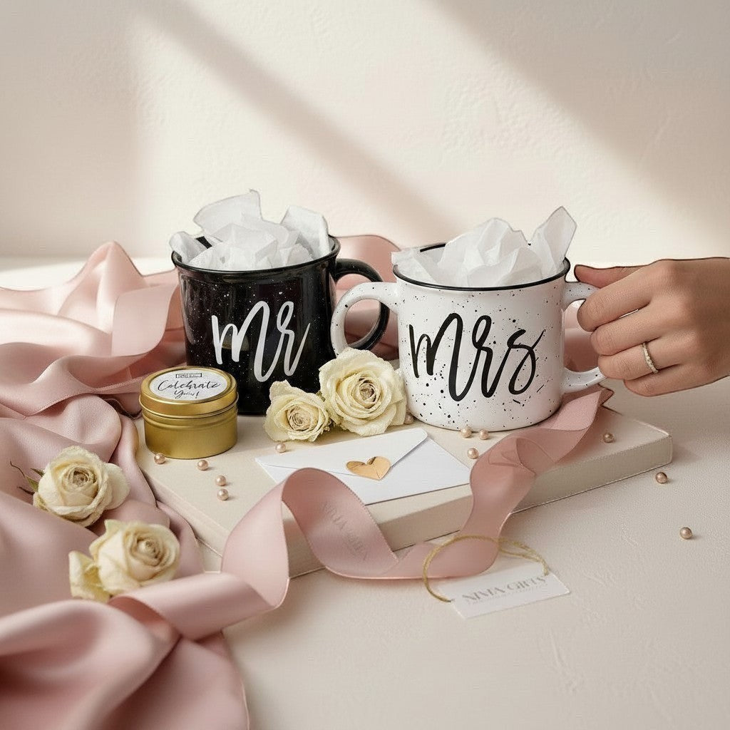 Personalized Mr. & Mrs. campfire mug engagement gift set with a black speckled mug for 'Mr.' and a white speckled mug for 'Mrs.' with couples future last names on the mugs with candle and matches.