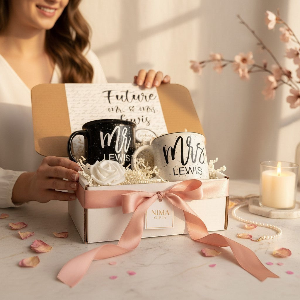 Personalized Mr. & Mrs. campfire mug engagement gift set with a black speckled mug for 'Mr.' and a white speckled mug for 'Mrs.' with couples future last names on the mugs with candle and matches.