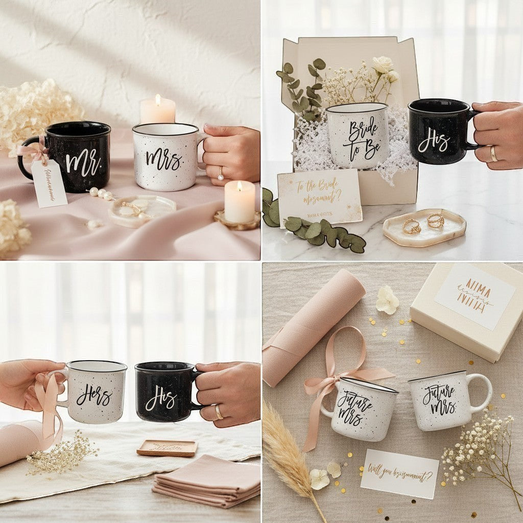 Mr. and Mrs. campfire mug set. Black and white speckled ceramic mugs with "Mr." and "Mrs." text. Perfect engagement gift with candle and matches. Also available in His and Her's lettering on the mugs, Bride to be or a choice of custom lettering. Can be personalized with couples future last name and date.