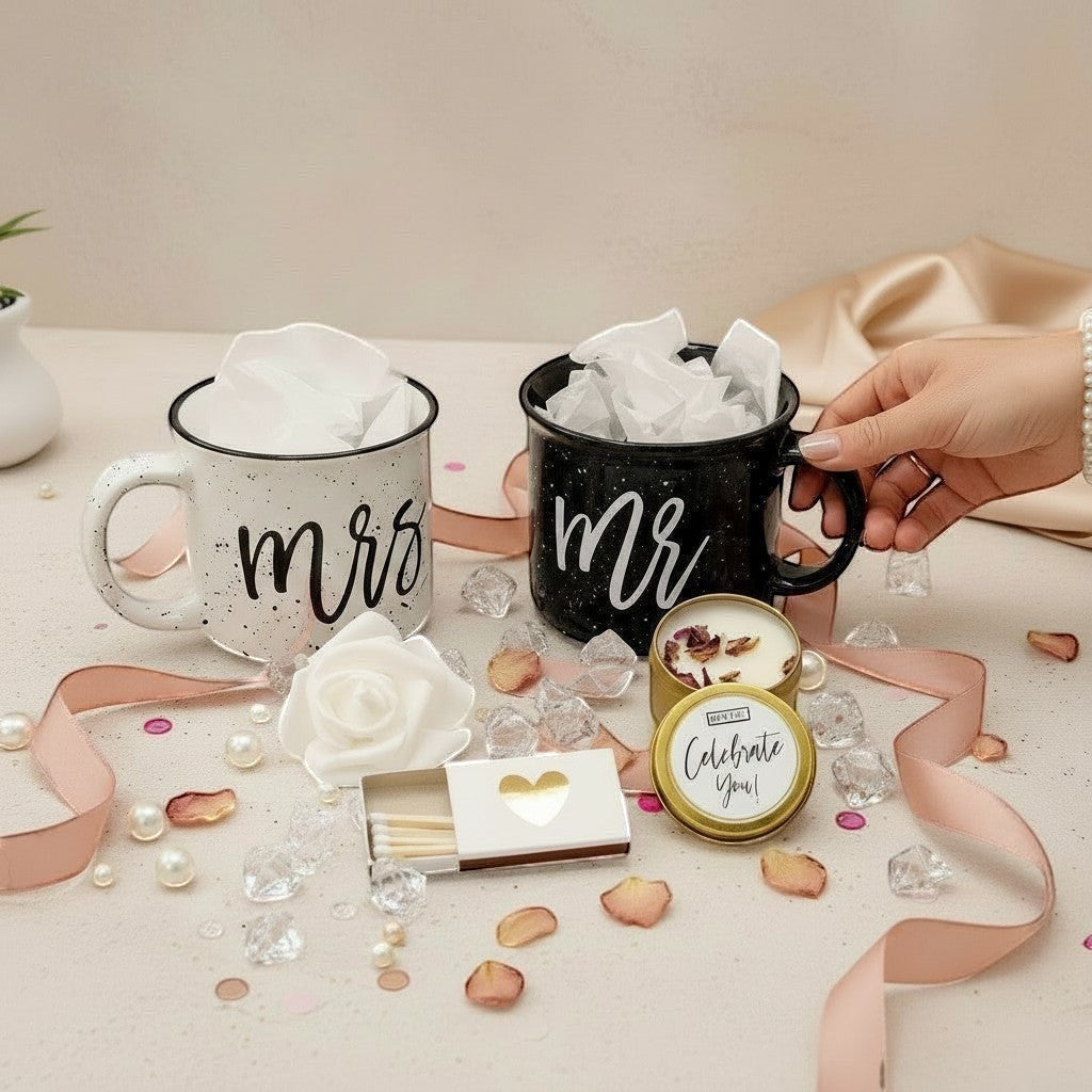 Personalized Mr. & Mrs. campfire mug engagement gift set with a black speckled mug for 'Mr.' and a white speckled mug for 'Mrs.' with couples future last names on the mugs with candle and matches.