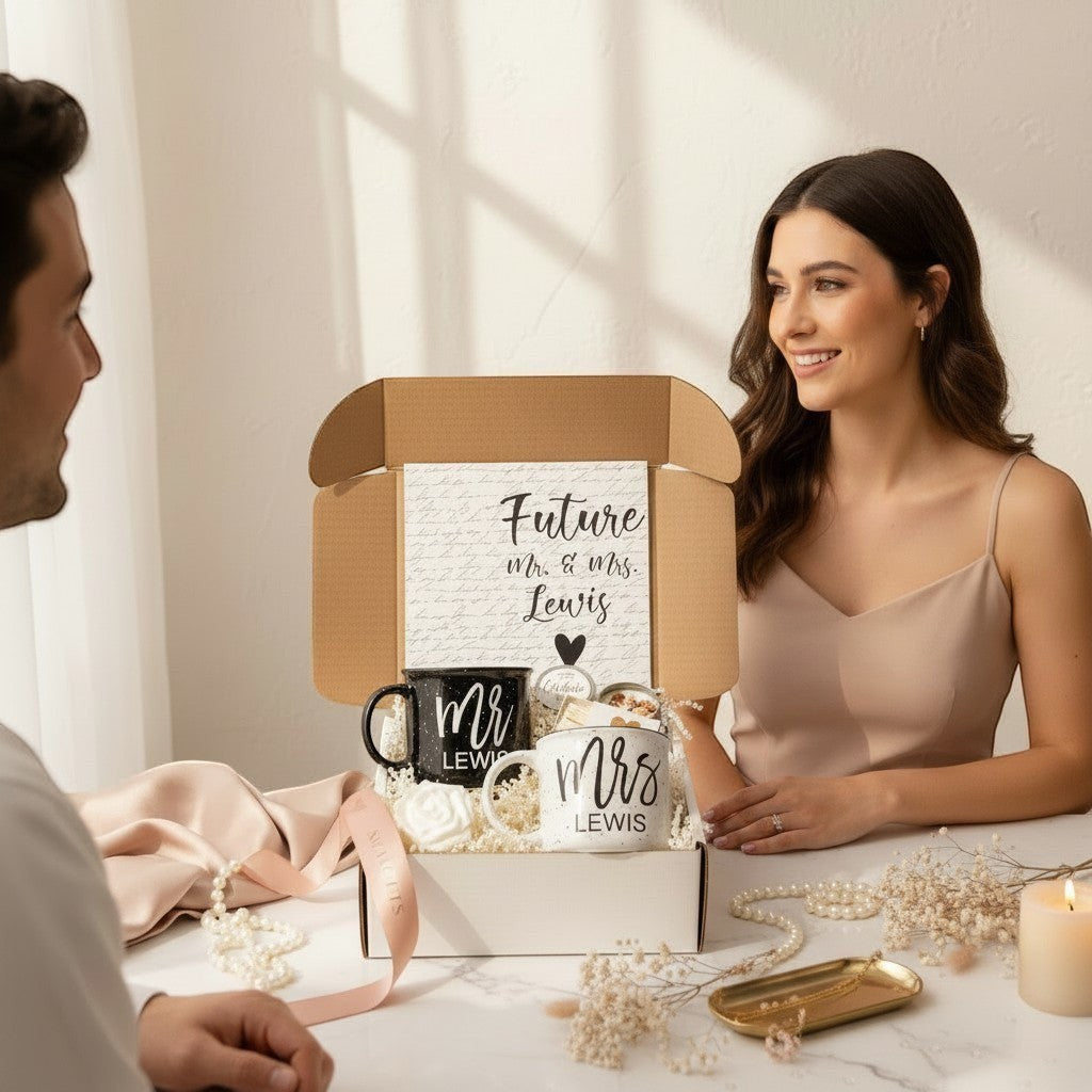 Personalized Mr. & Mrs. campfire mug engagement gift set with a black speckled mug for 'Mr.' and a white speckled mug for 'Mrs.' with couples future last names on the mugs with candle and matches.