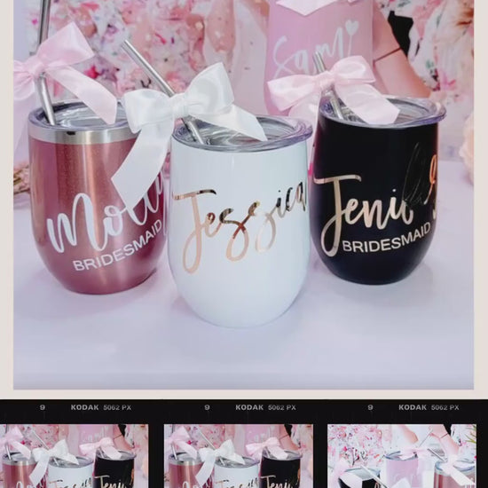 Personalized Bridesmaid Wine Tumbler, Custom Proposal Gift, 12oz Stemless Glass