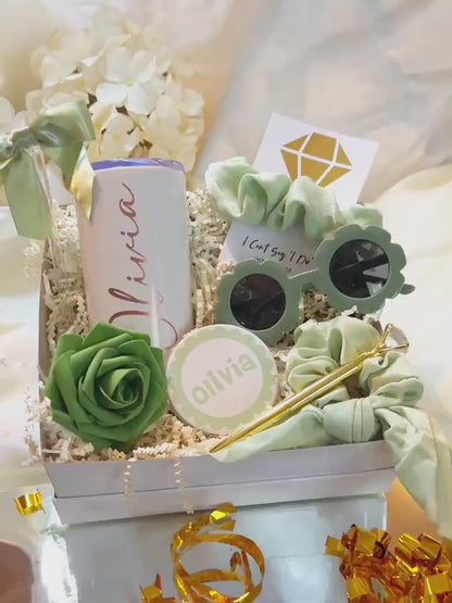 Sage green flower girl proposal gift box with flower sunglasses and junior bridesmaid set from NIMA Gifts.
