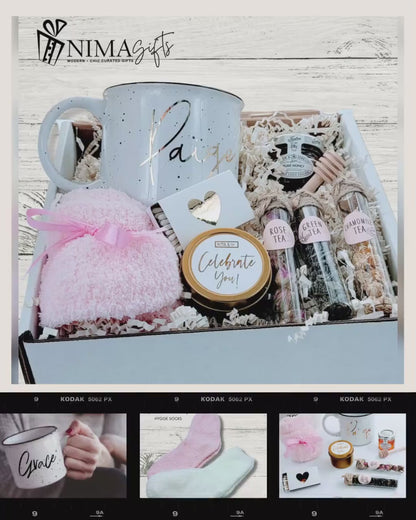Birthday Gifts for Women, Tea Lover Cozy Gift Box Birthday Gift Set + Personalized Mug, Birthday Box for Her, Spa Birthday Basket - GFHB016
