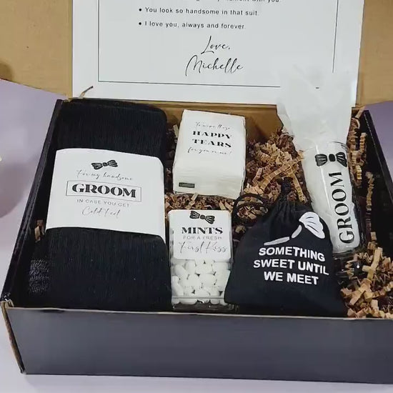 Video showcasing all the products included in the bride to groom day of wedding gift box.