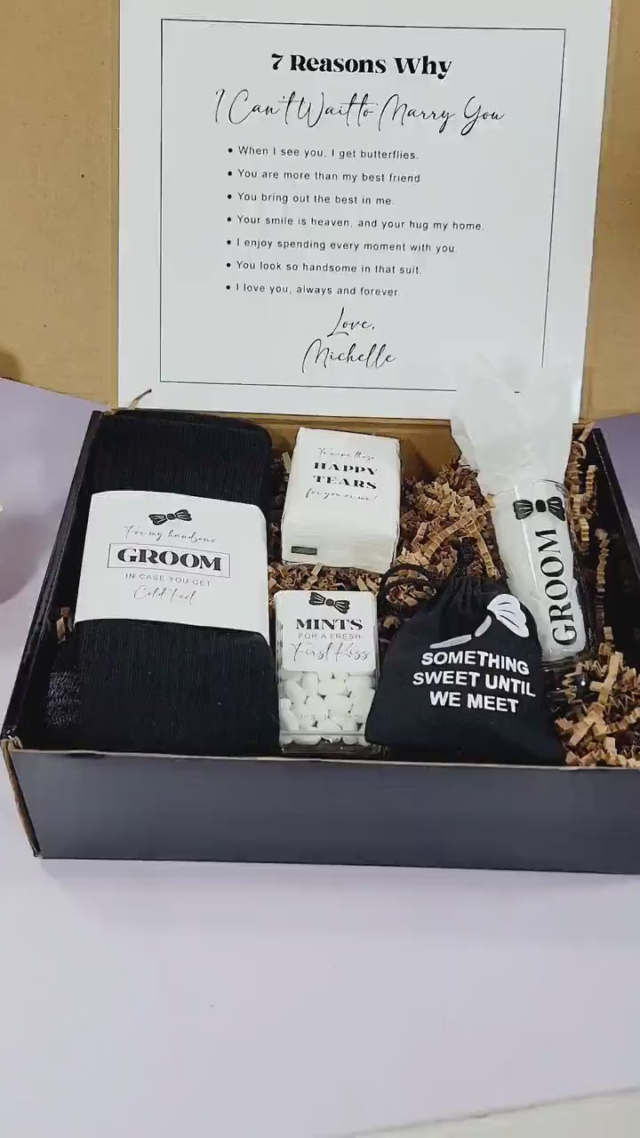 Video showcasing all the products included in the bride to groom day of wedding gift box.