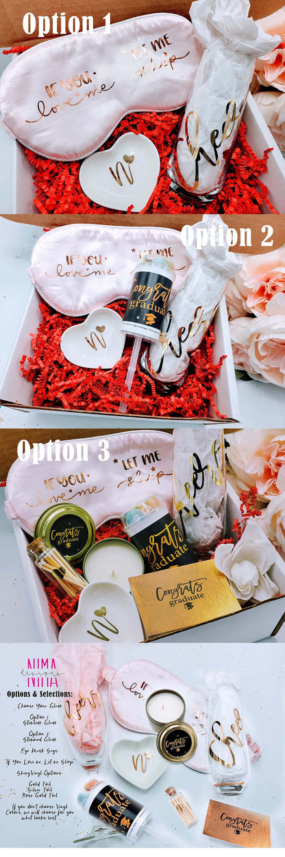 Personalized graduation gift box for her with celebratory items, perfect for college, masters, or high school graduates.
