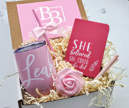 Boss Babe gift box with personalized tumbler, congratulating a coworker on a new job or promotion, by NIMA Gifts.