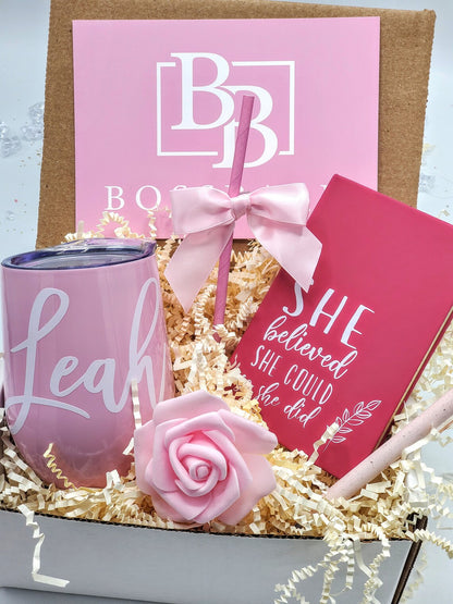 Boss Babe gift box from NIMA Gifts featuring a personalized tumbler, perfect for promotions, new jobs, or coworker celebrations.