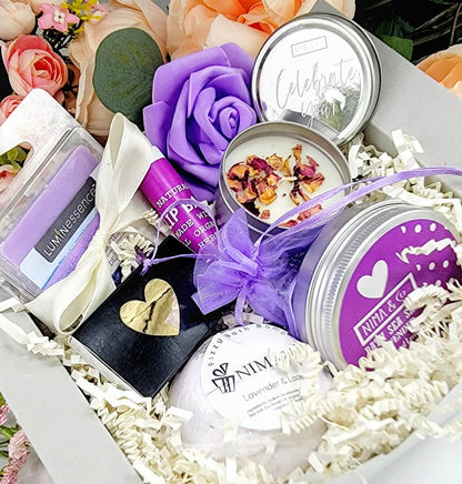 Purple self-care gift box with lavender spa products, perfect for friends, women, or a thoughtful care package.