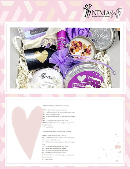 Purple self-care gift box for women with lavender spa items, perfect for friends or best friends, includes thoughtful care package.
