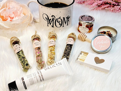 Tea lover gift box set with assorted teas and gift items, perfect Mother's Day or birthday gift for mom from daughter or son.
