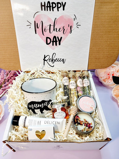 Tea lover gift box set with assorted teas and accessories, perfect for Mother's Day or birthday gift for mom from daughter or son.