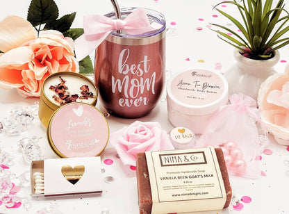 Mother’s Day spa gift box for mom with personalized self-care products, includes luxurious bath and skincare items.