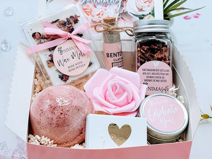 Personalized spa gift set for women in a birthday box, featuring pampering products from NIMA Gifts for her and best friends.
