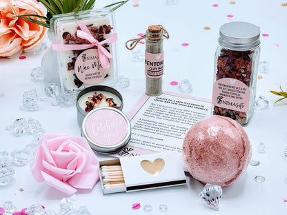 Personalized spa gift set for women in a birthday gift box, featuring pampering products from NIMA Gifts for her.