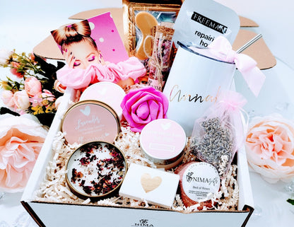 Mental health care package for women featuring self-care items, designed to provide comfort and support during tough times.