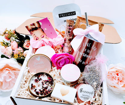 Self-care package for women including wellness items, designed for mental health support and comfort during difficult times.