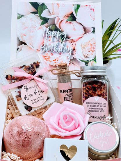 Personalized spa gift set for women in a birthday gift box, includes pampering products perfect for her from NIMA Gifts
