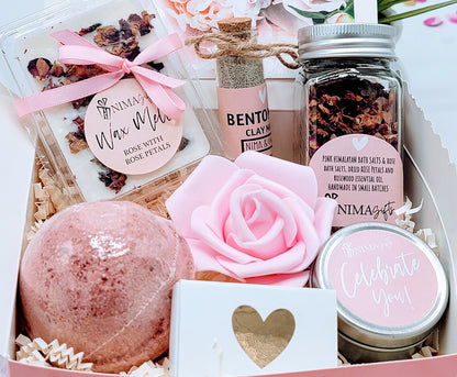 Personalized spa gift set for women in a birthday gift box, featuring skincare products and pampering essentials from NIMA Gifts.