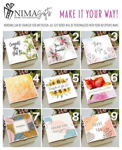 Self-care box for women featuring calming journals, candles, and wellness items in a mental health care package for her.