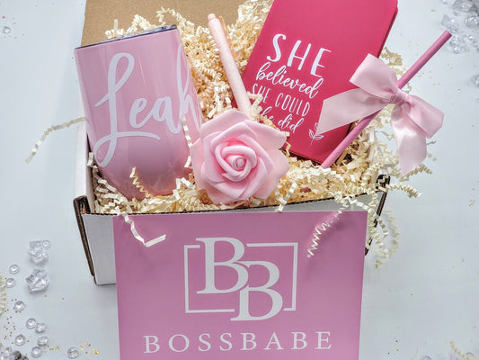 NIMA Gifts Boss Babe promotion gift box with personalized tumbler, suitable for coworkers, new job, or promotion celebrations.
