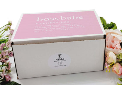 Boss Babe gift box by NIMA Gifts with personalized tumbler, congratulations and promotion gift for coworkers or new job celebration.
