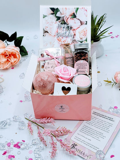 Personalized spa gift set for women in a birthday gift box, featuring pampering products for her by NIMA Gifts.